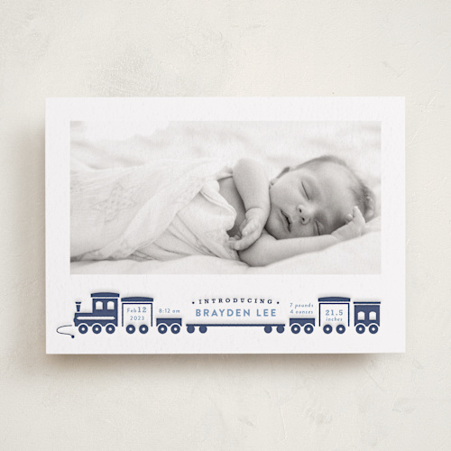 This is a royal letterpress birth announcements with letterpress by Rebecca Durflinger called welcome aboard! printing on bright white letterpress paper in standard
