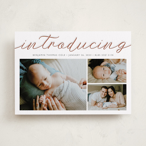 This is a latte letterpress birth announcements with letterpress by Carolyn MacLaren called big introductions printing on bright white letterpress paper in standard
