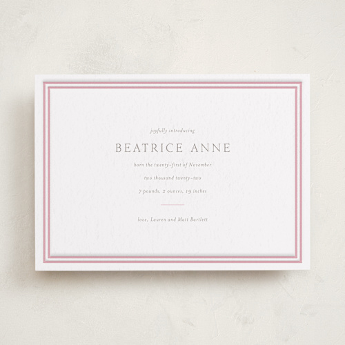 This is a peony letterpress birth announcements with letterpress by Megan Davis called frolic printing on bright white letterpress paper in standard