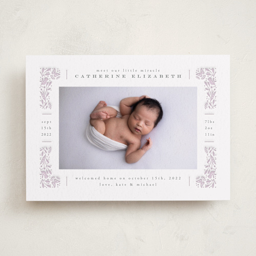 This is a periwinkle letterpress birth announcements with letterpress by Ana de Sousa called sweet border printing on bright white letterpress paper in standard