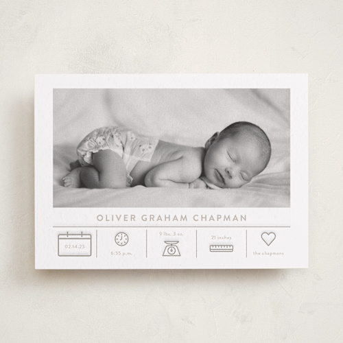 This is a dove letterpress birth announcements with letterpress by Alexandra Cohn called iconic introduction printing on bright white letterpress paper in standard