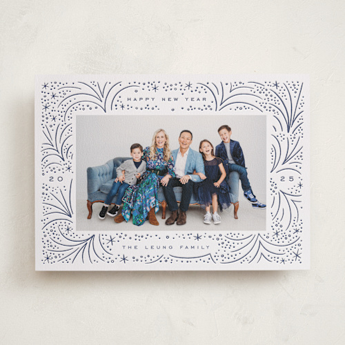 This is a denim letterpress holiday cards with letterpress by Alethea and Ruth called abstract firecracker printing on bright white letterpress paper in standard