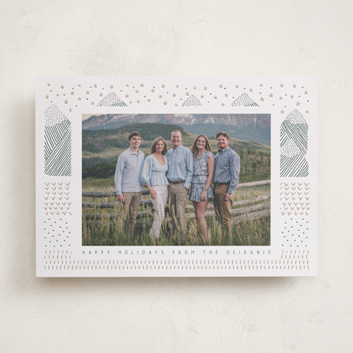 This is a wreath letterpress holiday cards with letterpress by Sabrin Deirani called snow mountains printing on bright white letterpress paper in standard