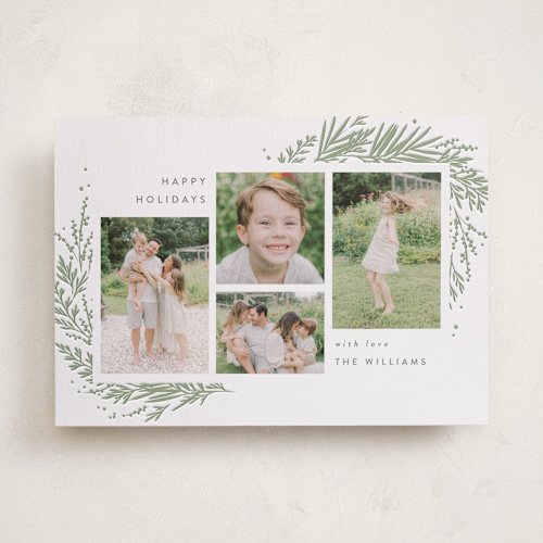 This is a sage letterpress holiday cards with letterpress by Robert and Stella called mountain greenery printing on bright white letterpress paper in standard