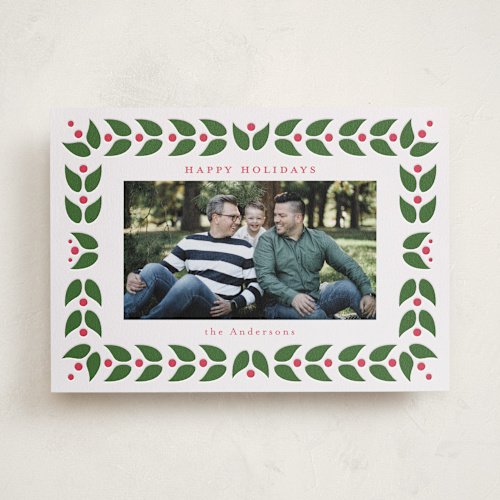 This is a evergreen letterpress holiday cards with letterpress by Jennifer Holbrook called folk leaves and berries printing on bright white letterpress paper in standard