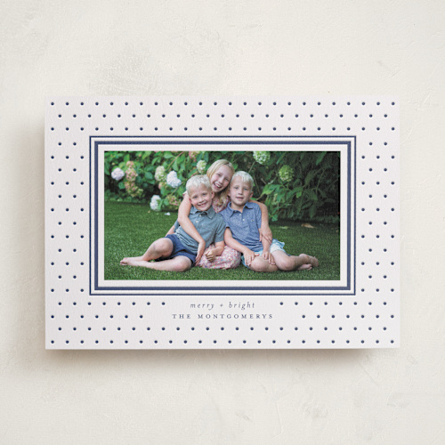 This is a denim letterpress holiday cards with letterpress by Wildfield Paper Co called swiss dot printing on bright white letterpress paper in standard
