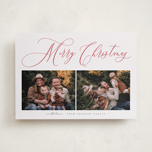 This is a crimson letterpress holiday cards with letterpress by Vera Lim called simply elegant printing on bright white letterpress paper in standard