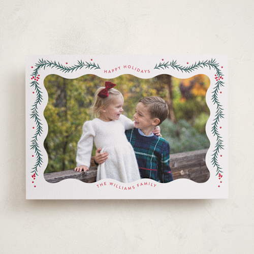 This is a pine letterpress holiday cards with letterpress by Robert and Stella called pine garland printing on bright white letterpress paper in standard