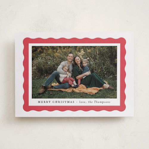 This is a crimson letterpress holiday cards with letterpress by Sara Hicks Malone called scallop edge printing on bright white letterpress paper in standard