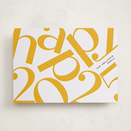 This is a sunshine letterpress holiday cards with letterpress by Pati Cascino called happy new year printing on bright white letterpress paper in standard