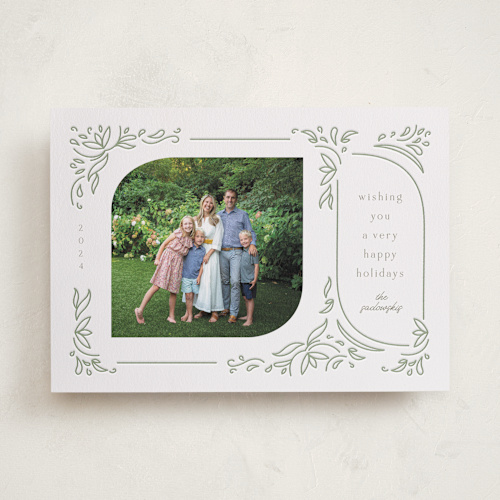 This is a sage letterpress holiday cards with letterpress by Katie Zimpel called dainty retro botanicals printing on bright white letterpress paper in standard