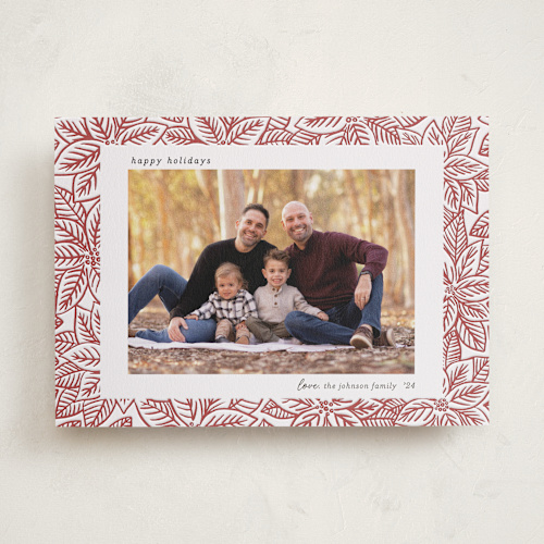 This is a merlot letterpress holiday cards with letterpress by Sarah Renee called line art poinsettias printing on bright white letterpress paper in standard