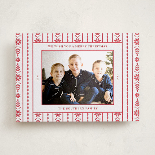 This is a scarlet photo mount holiday cards with letterpress by Erin German called scandi ribbon printing on somerset500 in photo_mount