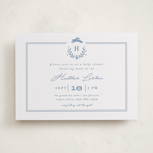 This is a classic baby monogram baby shower invitations with letterpress by Susan Brown called classic baby monogram printing on somerset500 in standard