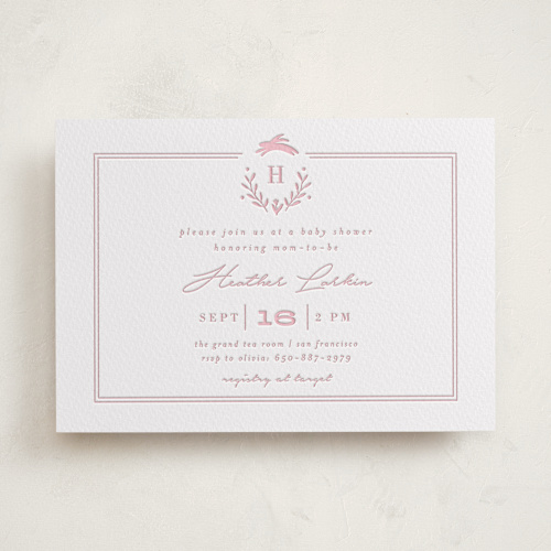 This is a classic pink baby shower invitations with letterpress by Susan Brown called classic baby monogram printing on somerset500 in standard