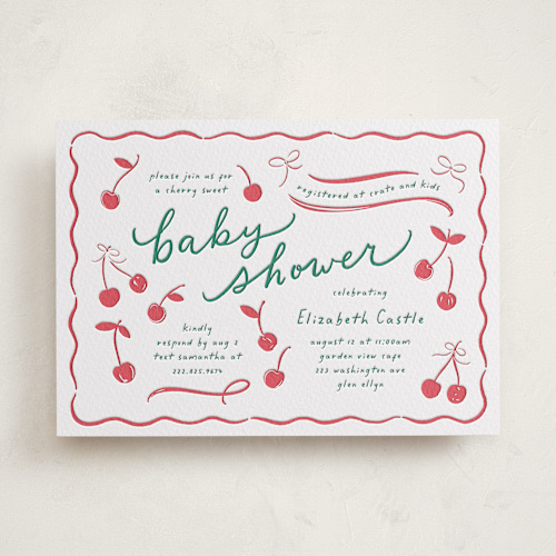 This is a scarlet baby shower invitations with letterpress by Erin German called cherry sweet printing on somerset500 in standard
