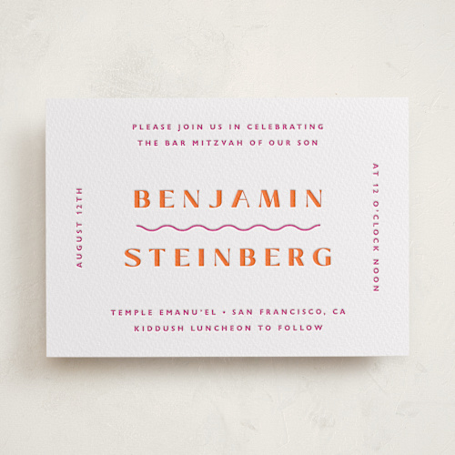 This is a neon pink bar mitzvah bat mitzvah invitations with letterpress by Olivia Raufman called tanti baci printing on somerset500 in standard