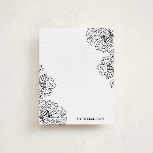 This is a soft black personalized stationery thank you cards with letterpress by Nicole Barreto called posh peonies printing on coventry320 in standard