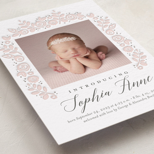 This is a blush letterpress birth announcements with letterpress by Jessica Williams called floral wrap printing on bright white letterpress paper in standard
