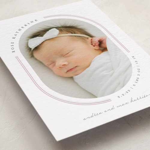 This is a blush letterpress birth announcements with letterpress by Lauren Chism called curvature printing on bright white letterpress paper in standard