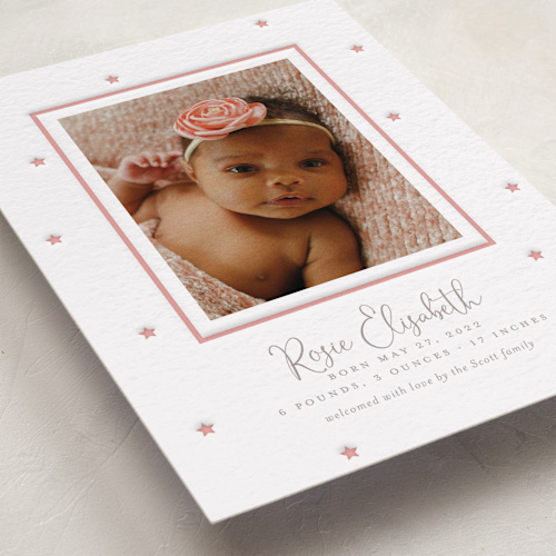 This is a taffy letterpress birth announcements with letterpress by Megan Davis called little stars printing on bright white letterpress paper in standard