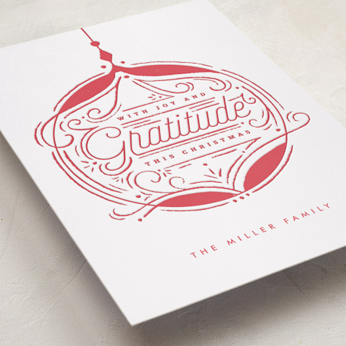 This is a candy cane letterpress holiday cards with letterpress by Bethan called gratitude bauble printing on bright white letterpress paper in standard