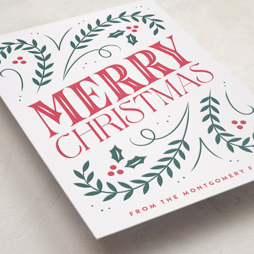 This is a crimson letterpress holiday cards with letterpress by Kacey Kendrick Wagner called christmas nostalgia printing on bright white letterpress paper in standard
