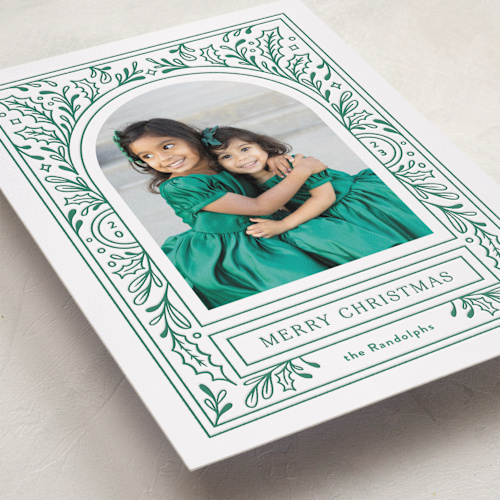 This is a pine needle letterpress holiday cards with letterpress by Mansi Verma called the archway printing on bright white letterpress paper in standard