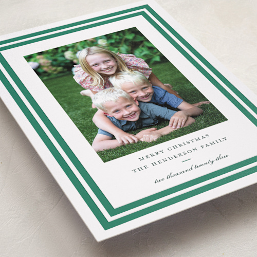 This is a evergreen letterpress holiday cards with letterpress by Megan Davis called roma printing on bright white letterpress paper in standard