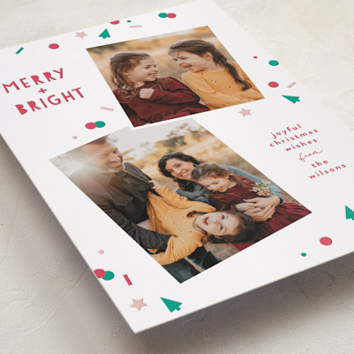 This is a gumdrop letterpress holiday cards with letterpress by Kacey Kendrick Wagner called merry confetti printing on bright white letterpress paper in standard