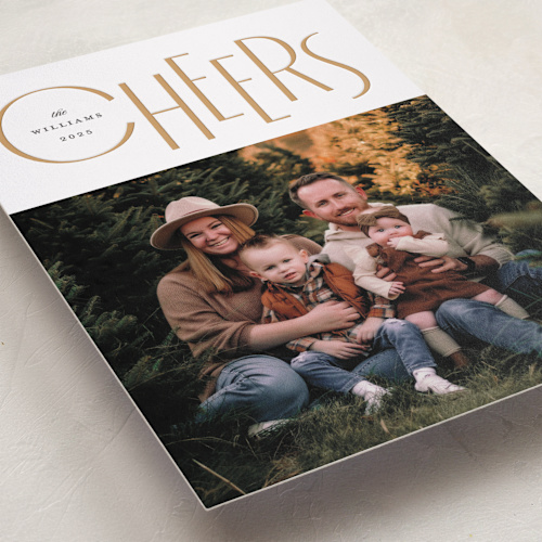 This is a toffee letterpress holiday cards with letterpress by Robert and Stella called bouncing cheers printing on bright white letterpress paper in standard