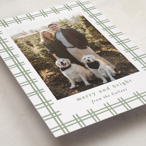 This is a pistachio letterpress holiday cards with letterpress by Sara Hicks Malone called plaid groove printing on bright white letterpress paper in standard