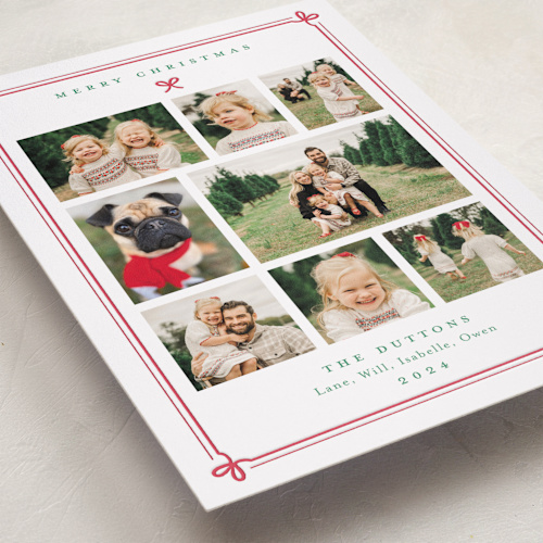 This is a red ribbon letterpress holiday cards with letterpress by Alston Foster called christmas gifts printing on bright white letterpress paper in standard