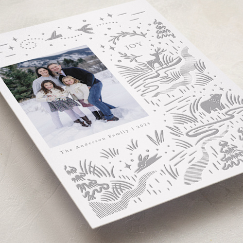 This is a winter letterpress holiday cards with letterpress by Vivian Yiwing called woodland christmas printing on bright white letterpress paper in standard