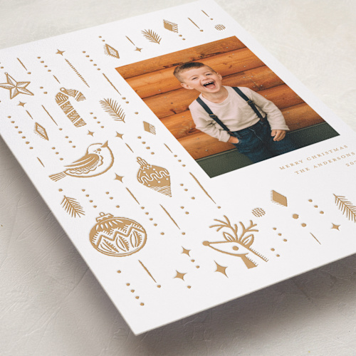 This is a sand letterpress holiday cards with letterpress by Vivian Yiwing called christmas ornaments printing on bright white letterpress paper in standard
