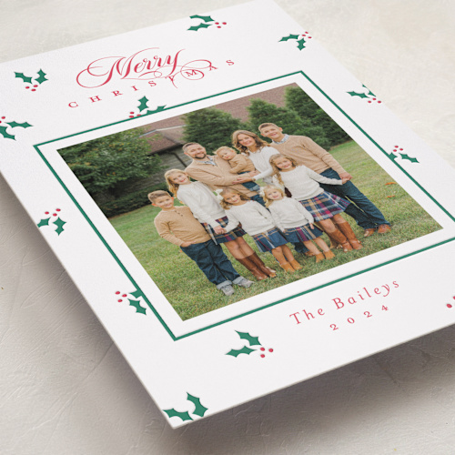 This is a holly berry letterpress holiday cards with letterpress by Alston Foster called christmas holly printing on bright white letterpress paper in standard