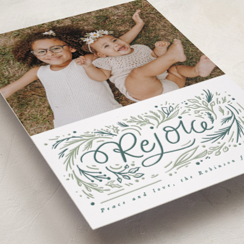 This is a pine letterpress holiday cards with letterpress by Hannah Williams called rejoice lettering printing on bright white letterpress paper in standard