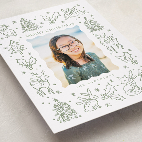 This is a mint letterpress holiday cards with letterpress by Cass Loh called magical christmas printing on bright white letterpress paper in standard
