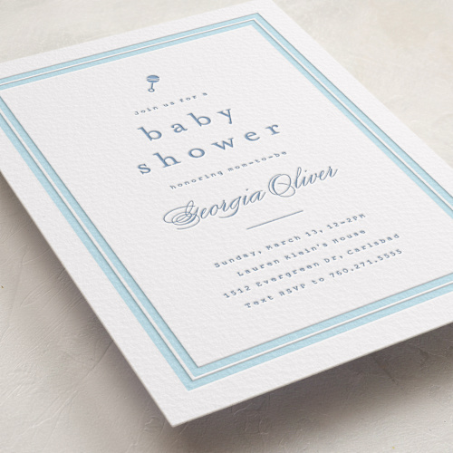 This is a provincial blue baby shower invitations with letterpress by Carolyn MacLaren called classic start printing on somerset500 in standard