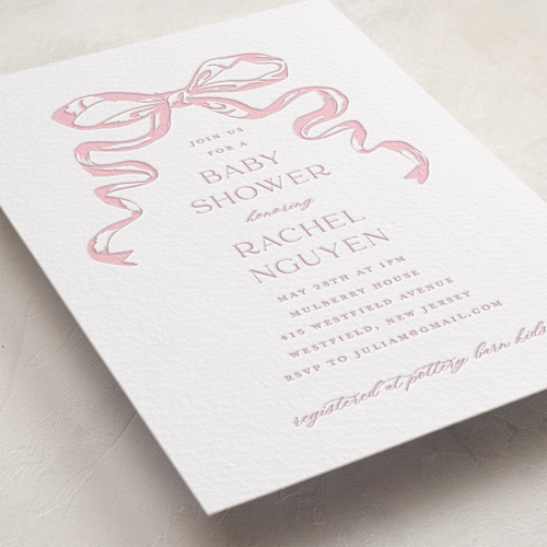 This is a classic pink baby shower invitations with letterpress by Teju Reval called big bow printing on somerset500 in standard
