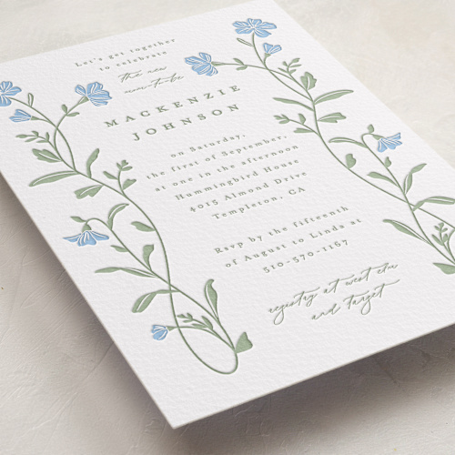 This is a mint baby shower invitations with letterpress by Everett Paper Goods called mirror floral printing on somerset500 in standard