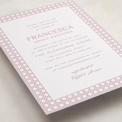 This is a classic pink baby shower invitations with letterpress by Ellen Schlegelmilch called delicate rattan printing on somerset500 in standard
