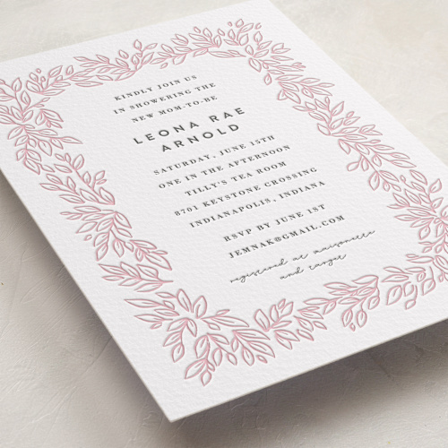 This is a classic pink baby shower invitations with letterpress by Jessie Steury called lovely leaves printing on somerset500 in standard