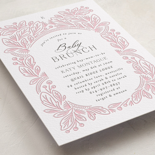 This is a blush baby shower invitations with letterpress by Jen Owens called arch printing on somerset500 in standard