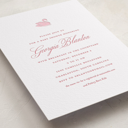 This is a salmon baby shower invitations with letterpress by Megan Davis called swan shower printing on somerset500 in standard