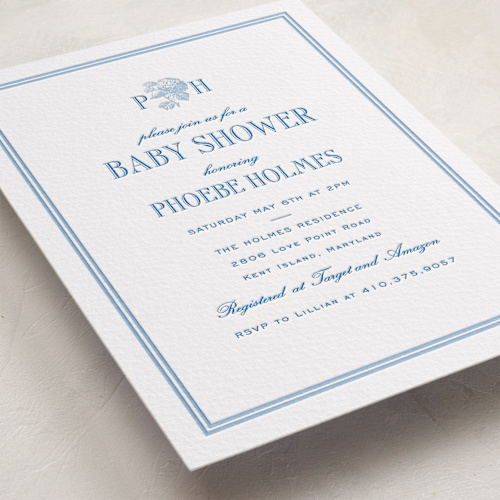 This is a sky blue baby shower invitations with letterpress by Megan Davis called cheseapeake printing on somerset500 in standard