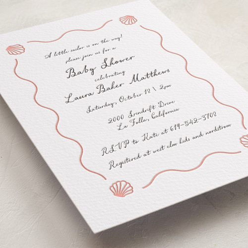 This is a peach baby shower invitations with letterpress by Alston Foster called ocean love printing on somerset500 in standard