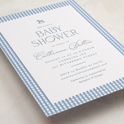 This is a sky blue baby shower invitations with letterpress by Olivia Raufman called gingham rockinghorse printing on somerset500 in standard