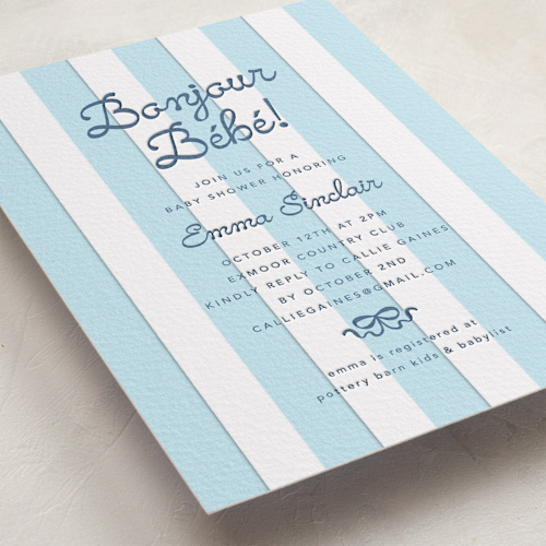 This is a indigo baby shower invitations with letterpress by Olivia Raufman called mariniere printing on somerset500 in standard