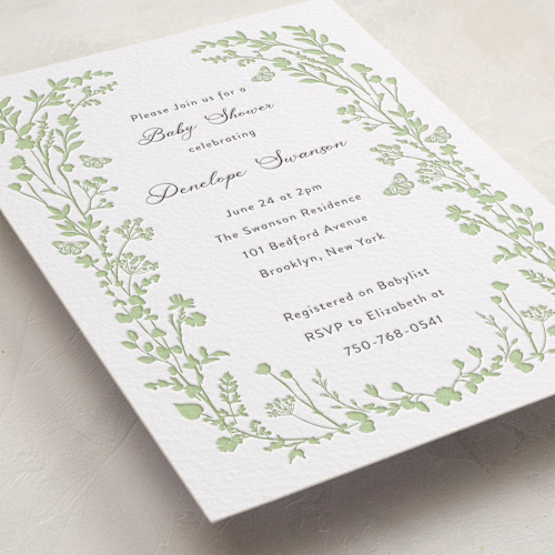 This is a tea green baby shower invitations with letterpress by Susan Moyal called flower garden printing on somerset500 in standard